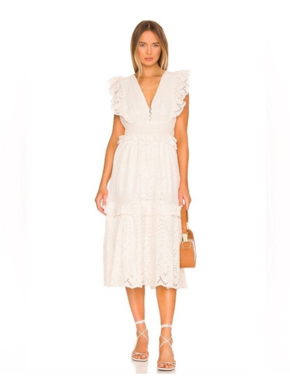 NAOT Cleobella Ivory Eyelet Midi Dress with Ruffle Shoulders